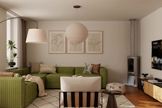 do interior decor plan with 3d model, 4k render and moodboard with shopping list