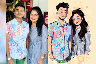 draw disney cartoon style couple,family,pet vector portrait