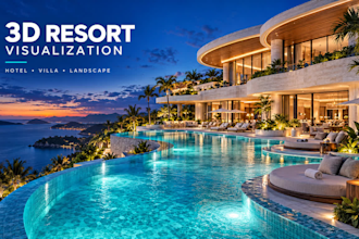 create photorealistic 3d resort visualization, landscape and hotel design