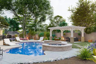 do landscape design , backyard design, pergola, pool, garden, with rendering