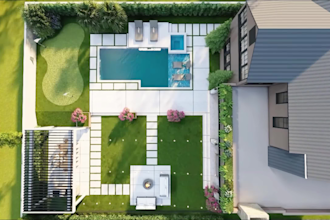 design a modern backyard landscape with pool, patio and garden