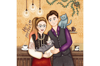 draw cute cartoon portrait, family illustration, pet, couple