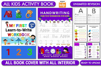 kids activity book, amazon KDP, coloring book, interior, and book cover design