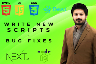 write script in html, css, javascript, react next js web application development