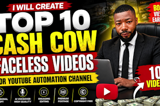 create youtube automation faceless channels, top 10 cash cow yt videos