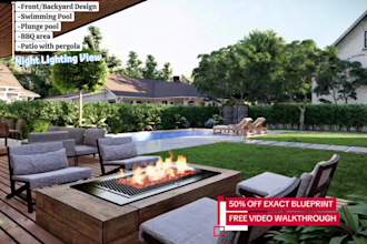 create 2d 3d landscape, swimming pool, back yard, garden, terrace, patio