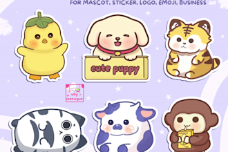 draw cute kawaii doodles, stickers, emoji, logo, mascot