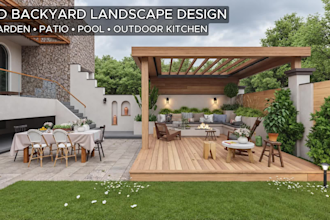 design 3d backyard landscape, garden, patio, pool and outdoor kitchen