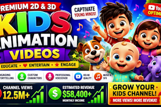 create 3d kids animation, 2d, 3d animation, cartoon animation in cocomelon style