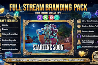design twitch package, logo, stream overlay, animated alerts, screens and panels