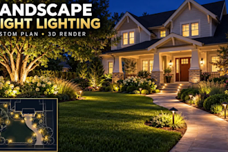 design a custom landscape night lighting plan and high quality 3d render