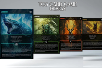 design trading card game template, tcg ccg frame card layout and box mockup