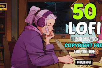 create 50x1hr lofi beats loop animated chill hip hop videos for youtube
