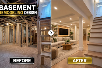 design your basement renovation, floor plan and photorealistic 3d render designs