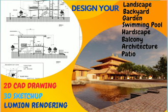 design your landscape, pool,  backyard, 2d drawing, and 3d