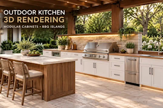 create 3d renders for modular outdoor kitchen cabinets and prefab bbq islands