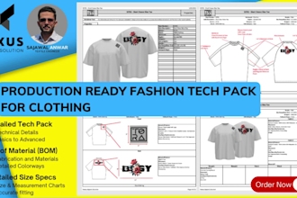 do production ready fashion tech pack, technical drawing, and flats for clothing
