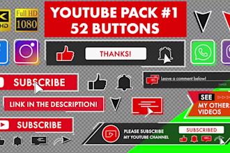 animations 52 buttons for youtube subscribe, comment, like, share, bell