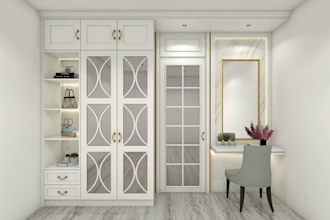 create a 3d interior design for a dressing table and closet