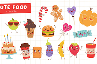 create cute vector food, drinks in cartoon style