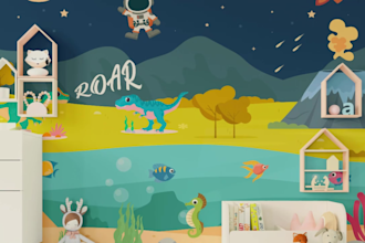 draw colourful wall mural for kids room