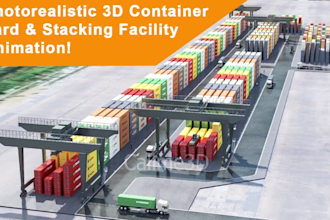 create a photorealistic 3d container yard and stacking facility animation