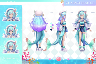 draw character reference sheet in anime style for vtuber model and concept art