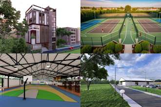 render 3d building, complex, community space, tennis, basket pickleball courts