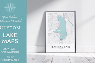 design a custom lake map, poster wall map, any lake, any country