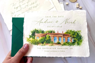 hand draw custom save the date watercolor wedding invite with venue illustration
