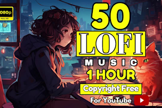 create 50x1hr lofi beats loop animated chill hip hop videos for youtube