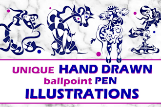 hand draw an unique illustration with a blue pen