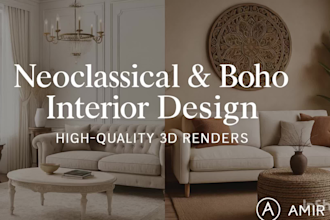 3d interior design in neoclassical and boho with shopping list and 4k animation