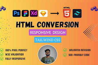 convert figma to html, psd to html, xd, sketch to html tailwind css responsive