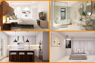 do 3d interior design for kitchen, bathroom, and bedroom
