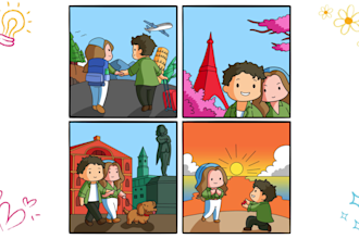 draw funny comic strip illustration, cartoon book design, doodle webcomic