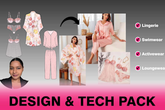 design flat sketches and tech packs for lingerie swimwear activewear and pajamas