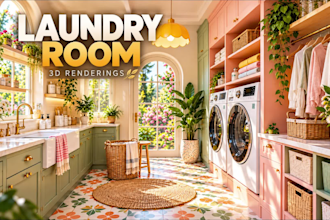 design laundry room interior, modern utility space and realistic 3d render