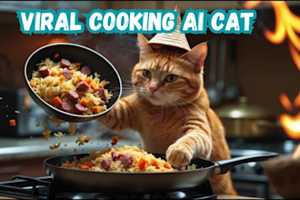 create viral ai cooking cat, funny ai cat video with ai voice over for youtube