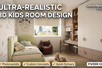 create photorealistic 3d kids room interior design and architectural rendering