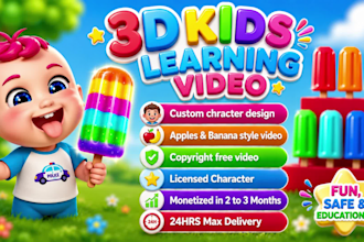 create 3d pixar kids learning videos, 2d animation, cocomelon style for any age