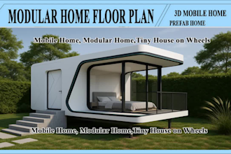 design a modern mobile home floor plan with 3d renderings