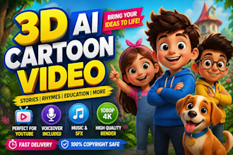 create stunning 3d ai cartoon video animation, 3d cartoon animation for youtube