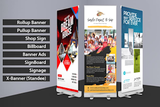 design rollup or pullup banner, billboard, yard signs