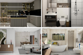 do 3d  interior design and renderings for bathroom, kitchen, bedroom, apartment