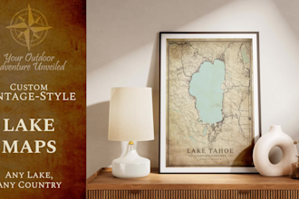 design a custom lake map in vintage, old style, poster wall map, any lake