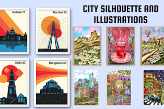 create travel poster, wall art of city skyline, landmarks, country