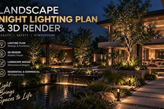 do 3d landscape night lighting plan and render for outdoor garden design