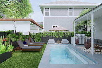 do exterior rendering for backyard, porch, pool, patio