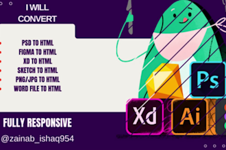 convert PSD to HTML, figma to HTML, xd to HTML, sketch to HTML fully responsive
